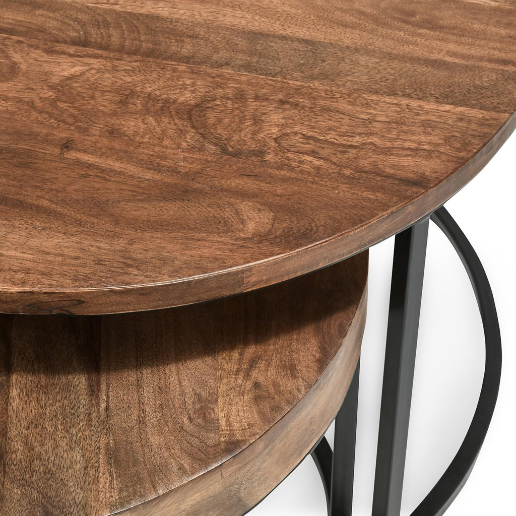 32" Natural Grain Side Coffee Table, Small Nesting Tables with Sturdy Iron Base, Nesting Table Set with Transitional Styling for Versatile Home Usage Areas, Brown+Black