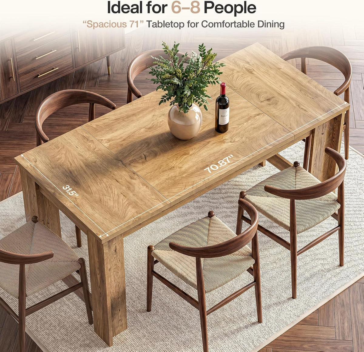 Tribesigns Dining Table for 6–8, 70.8" Farmhouse Dining Room Table with Sturdy Panel Legs, Large Wooden Kitchen Table for Dining Room, Living Room, Natural