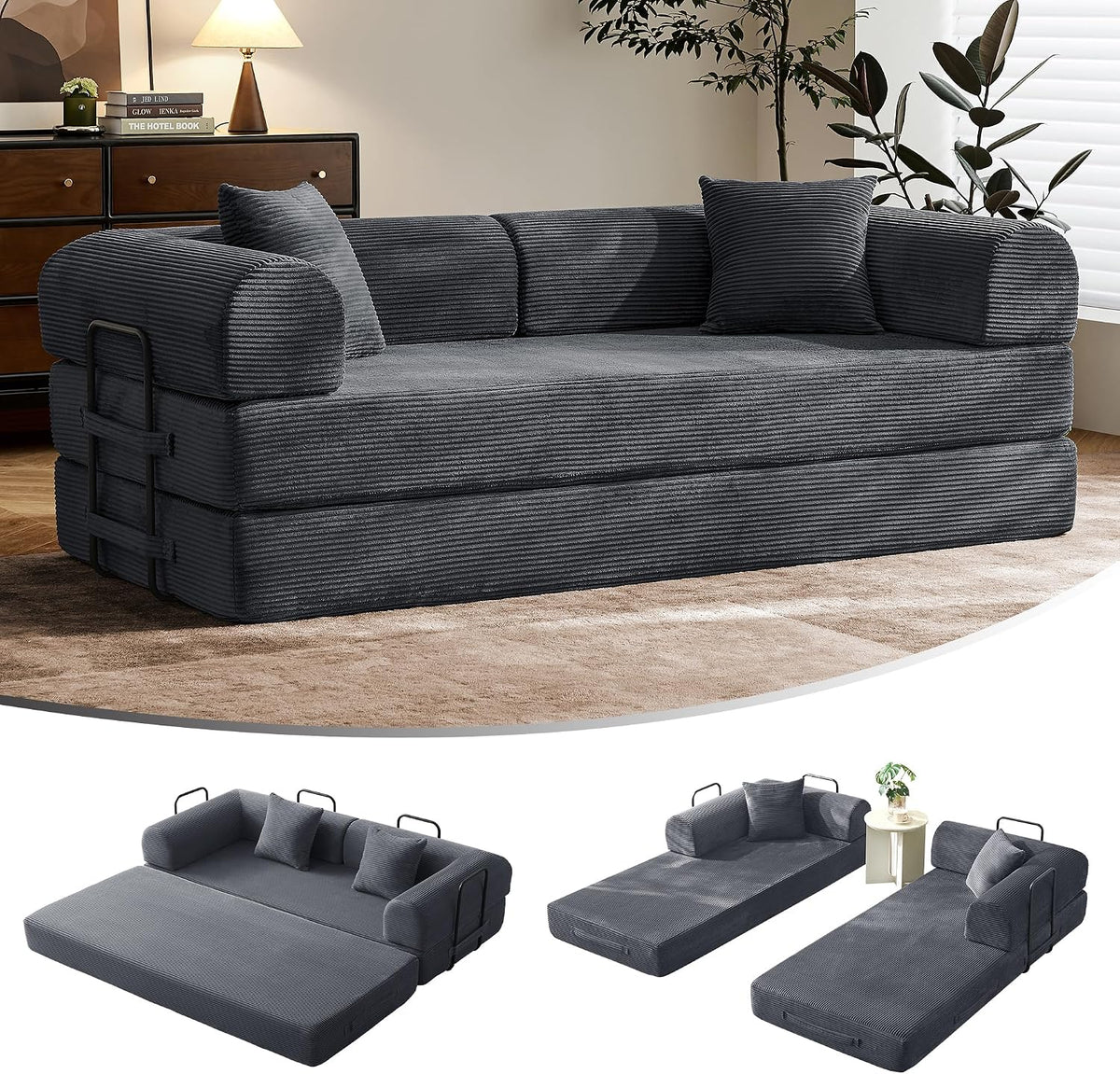 79" Convertible Futon Sofa Bed, Couch for Living Room | Dark Gray | Folding Corduroy Sleeper Sofa, Modular Futon Couch with Fixed-Shape Frame, Pull Out Couch No Assembly