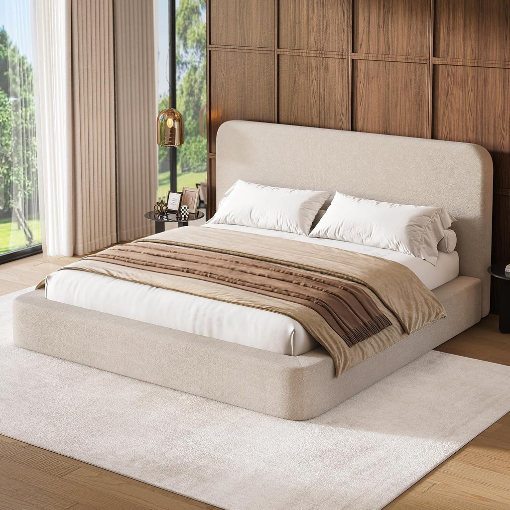 LARMACE King Upholstered Platform Bed Frame with Padded Headboard