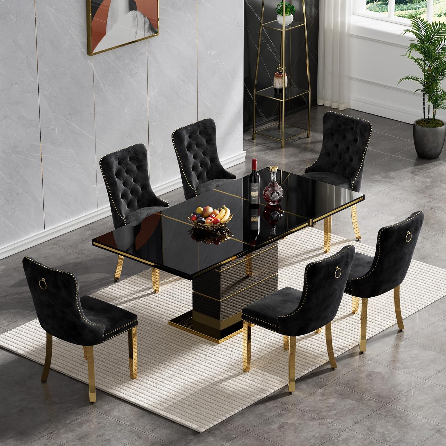 Henf 70" Black Dining Table for 4 6, Modern Glossy Kitchen Table with 1.5" Thick Lacquered Tabletop and Gold Stainless Steel Trim, Luxury Rectangular Dinner Tables for Dining Room