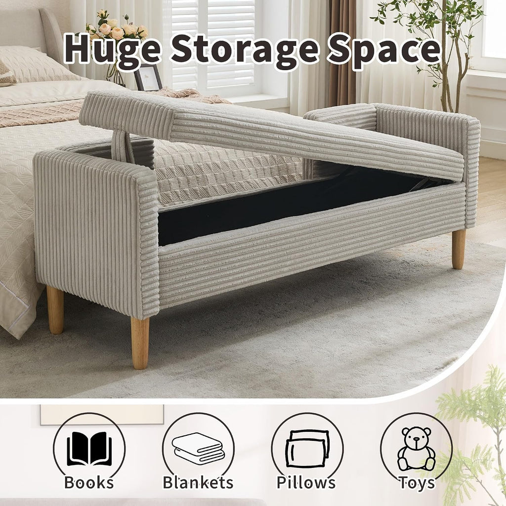 Chifee & Vingol 65.35" W Ottoman with Storage Bench for Bedroom End of Bed with Removable Pillows Upholstered Storage Ottoman Bench for Bedroom Living Room Hallway,Light Gray