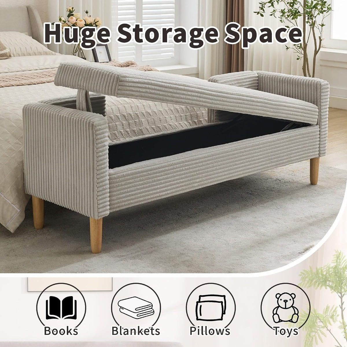 Chifee & Vingol 65.35" W Ottoman with Storage Bench for Bedroom End of Bed with Removable Pillows Upholstered Storage Ottoman Bench for Bedroom Living Room Hallway,Light Gray