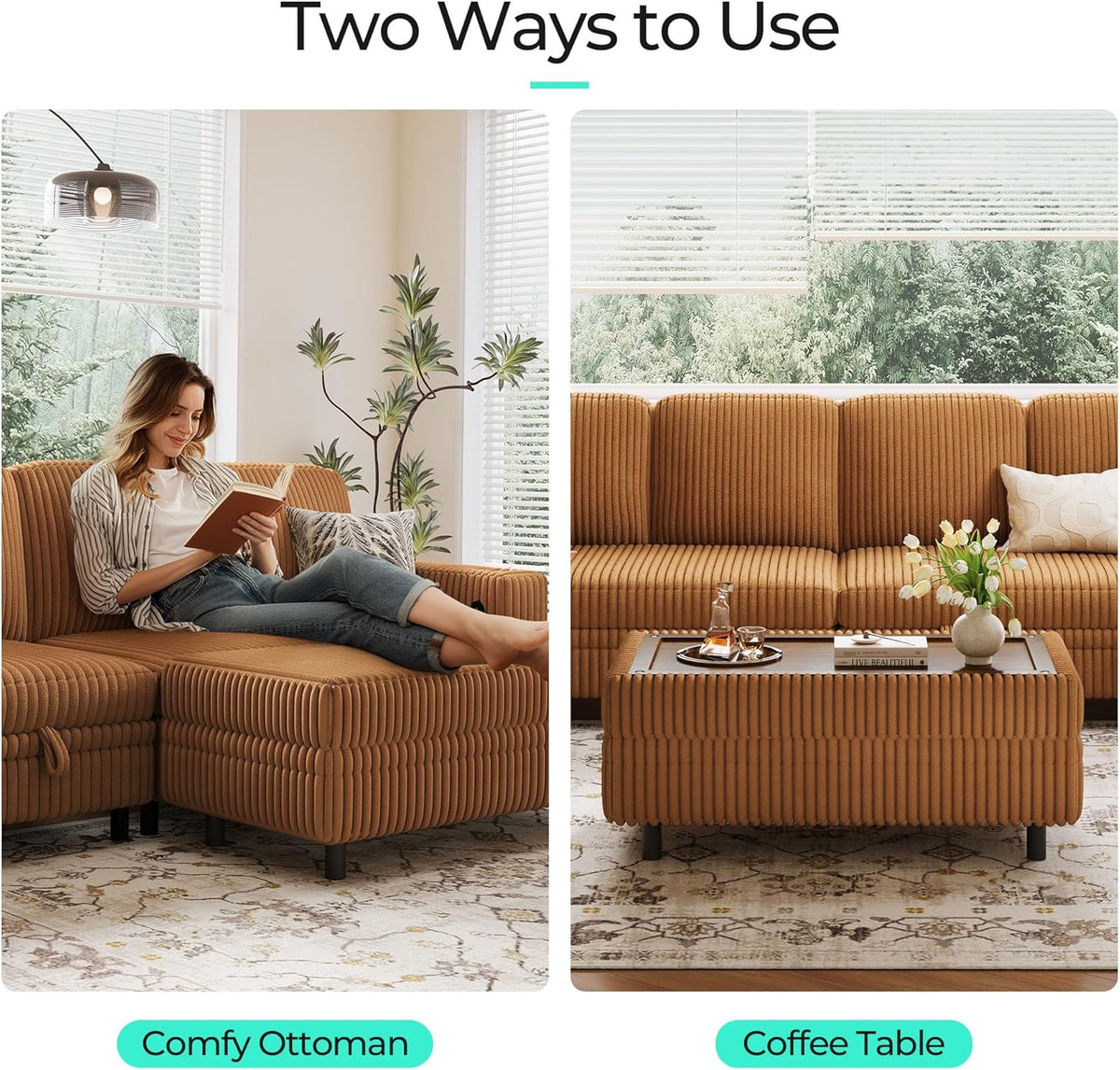LINSY HOME Sectional Sleeper Sofa Storage Ottoman Bench, Convertible Coffee Table Plush Corduroy Couch Ottoman Footstool for Living Room, Bedroom Entryway and Family Room, Brown