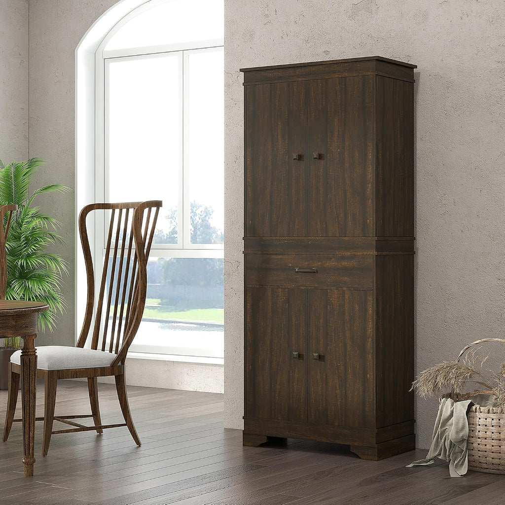 HOMCOM 72" Farmhouse Kitchen Pantry, 4-Door Rustic Storage Cabinet with Drawer and 3 Shelves, Walnut