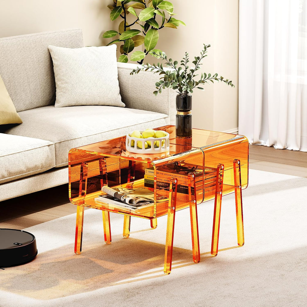 Acrylic Side Table, 2-Tier End Table with Open Storage for Small Spaces, Clear Nightstand Bedside Table with for Bedroom, Living Room (Orange, 16.9" × 11.8“ × 17”)