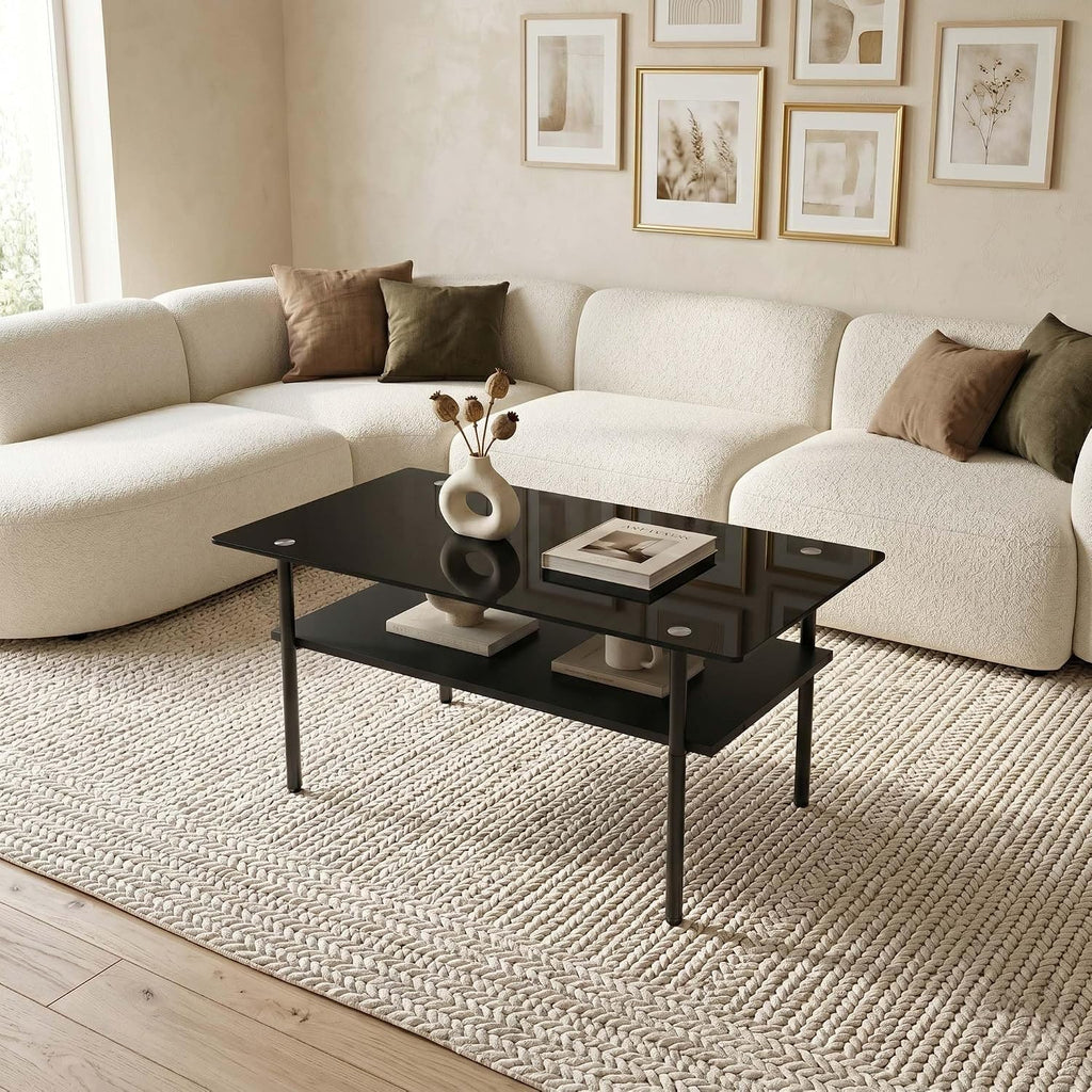 3 Piece Glass Coffee Table Set with 2-Tier Storage, Tempered Glass Living Room Table with Black Metal Legs and MDF Shelf, Modern End Tables for Small Space Apartment (1, Black)