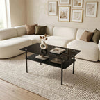 3 Piece Glass Coffee Table Set with 2-Tier Storage, Tempered Glass Living Room Table with Black Metal Legs and MDF Shelf, Modern End Tables for Small Space Apartment (1, Black)