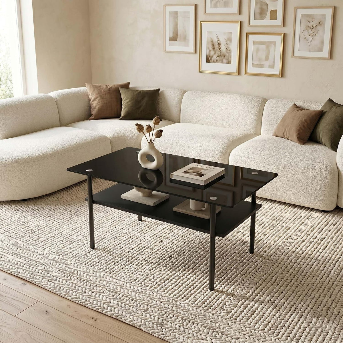 3 Piece Glass Coffee Table Set with 2-Tier Storage, Tempered Glass Living Room Table with Black Metal Legs and MDF Shelf, Modern End Tables for Small Space Apartment (1, Black)