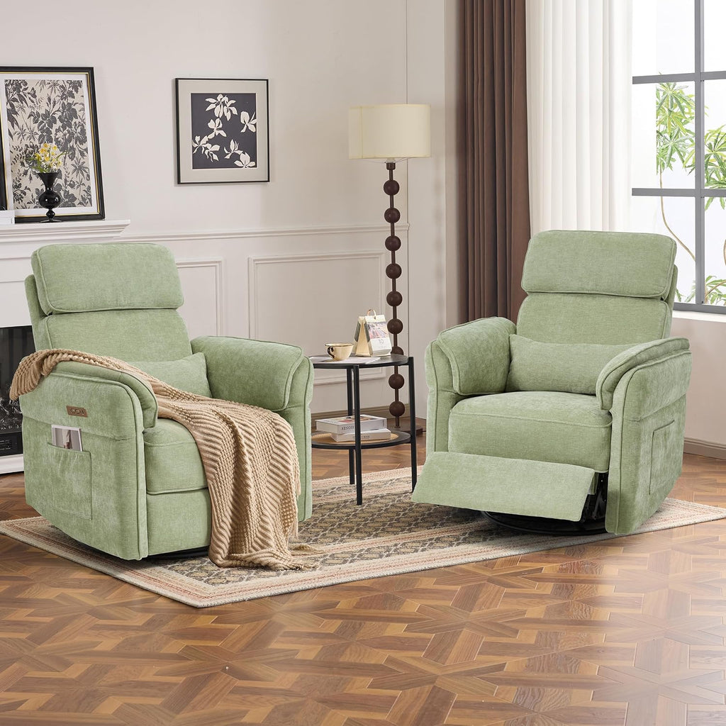 Power Recliner Rocking Chair with Adjustable Arms and Headrest,Green Fabric | Swivel electric glider,nursing chair glider for nursery, storage bags and USB port included, FSC certified