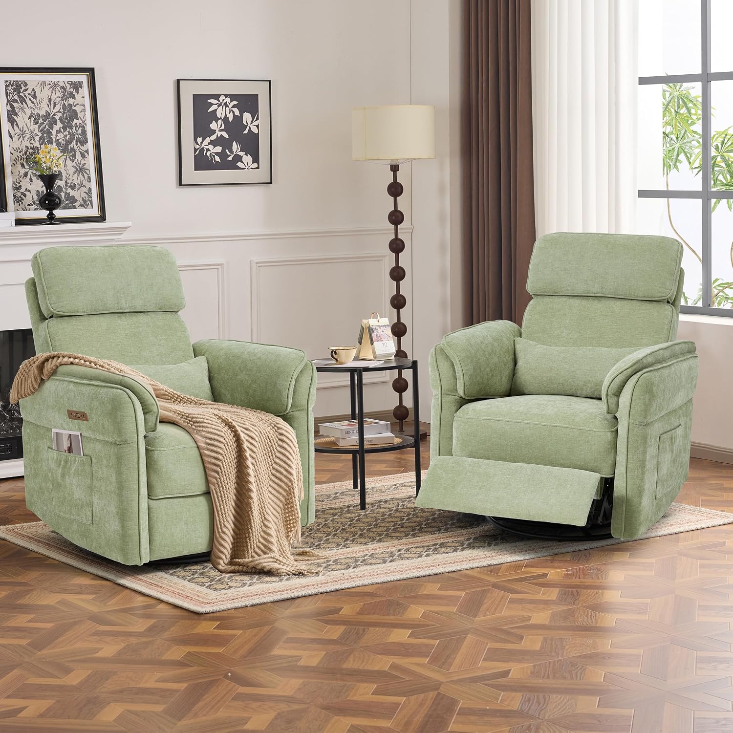 Power Recliner Rocking Chair with Adjustable Arms and Headrest,Green Fabric | Swivel electric glider,nursing chair glider for nursery, storage bags and USB port included, FSC certified