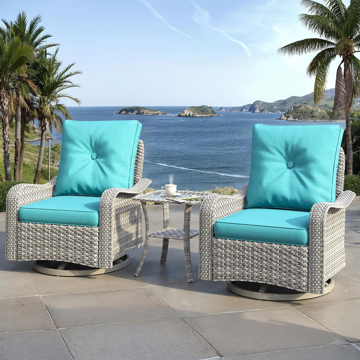 3 Piece Outdoor Patio Furniture Set,High Back Wicker Swivel Rocker Patio Chairs with 4" Thickened Cushions & Coffee Table, All-Weather PE Rattan for Garden, Backyard, Porch, Turquoise