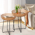 Oakrain Rattan End Table, Nesting Tables, Set of 2, Bamboo, Round, Metal Base, for Boho Living Room, Sofa, Bedroom, Terrace (18.11inch, Set of 2)