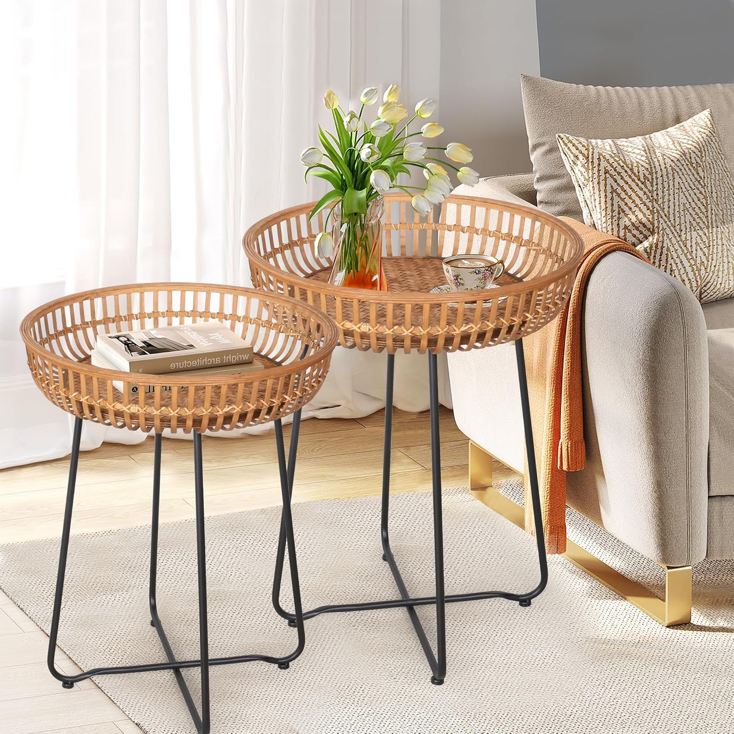 Oakrain Rattan End Table, Nesting Tables, Set of 2, Bamboo, Round, Metal Base, for Boho Living Room, Sofa, Bedroom, Terrace (18.11inch, Set of 2)