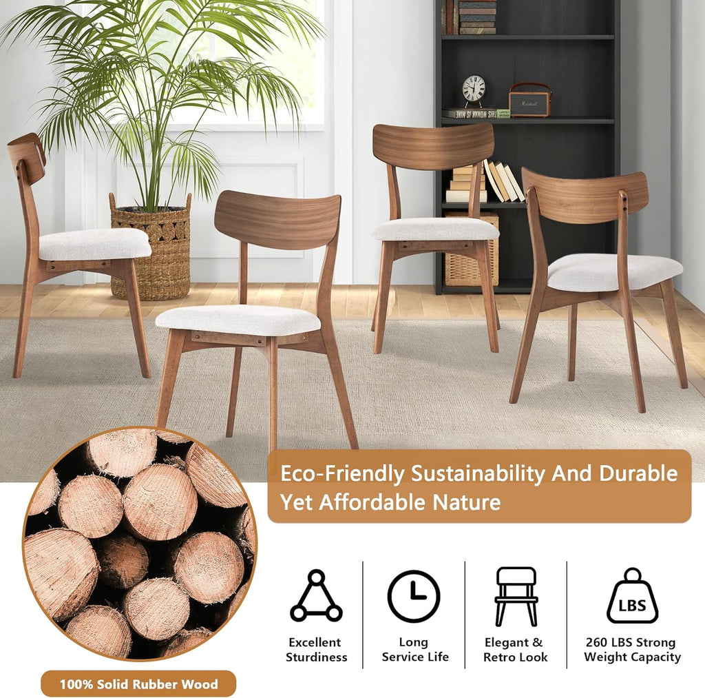 Modern Dining Chairs with Upholstered Cushion, Solid Rubber Wood Dining Chair with Comfortable Backrest, Sturdy Wooden Chairs for Kitchen, Dining Room (Walnut-Beige, 6 Sets)