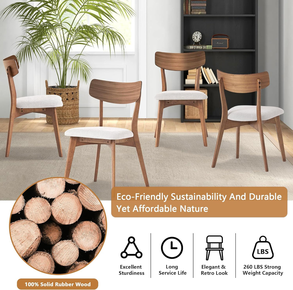 Modern Dining Chairs with Upholstered Cushion, Solid Rubber Wood Dining Chair with Comfortable Backrest, Sturdy Wooden Chairs for Kitchen, Dining Room (Walnut-Beige, 6 Sets)