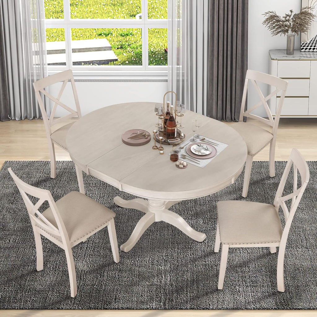 Extendable Dining Table Set for 4, 5 Piece Kitchen Table and Chairs Set, 4 X-Back Solid Wood Dining ChairSet, Industrial Oval Round Dining Table for Small Space, Apartment, French Country White