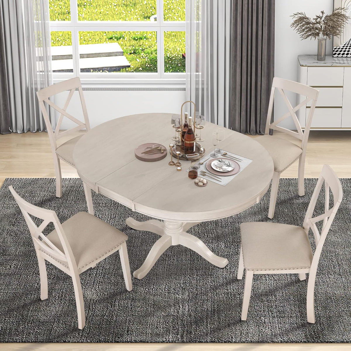 Extendable Dining Table Set for 4, 5 Piece Kitchen Table and Chairs Set, 4 X-Back Solid Wood Dining ChairSet, Industrial Oval Round Dining Table for Small Space, Apartment, French Country White