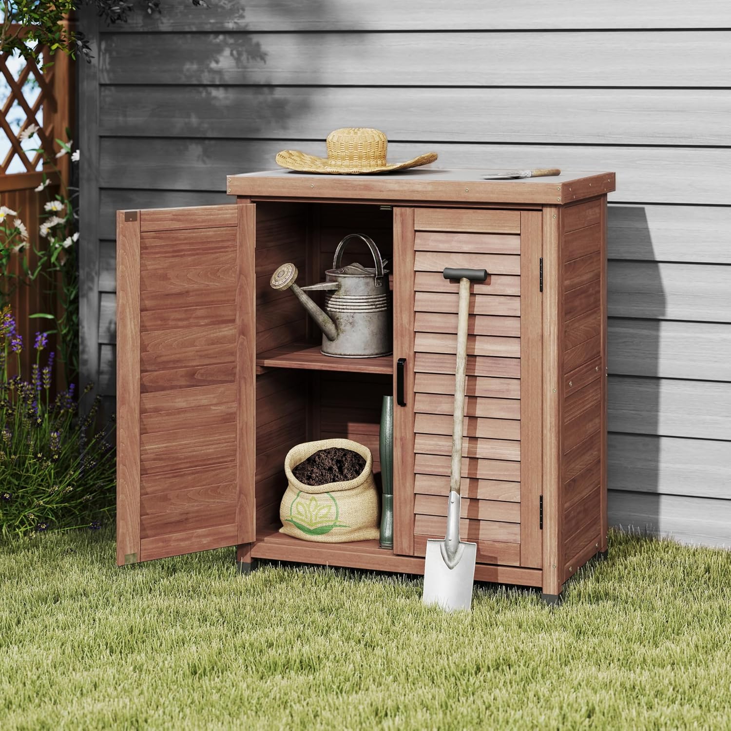 32" Solid Wood Modern Sideboard, Farmhouse Buffet with Rustic Design, Storage Cabinet for Dining Room with Ample Storage for Outdoor Patio Garden Spaces, Brown