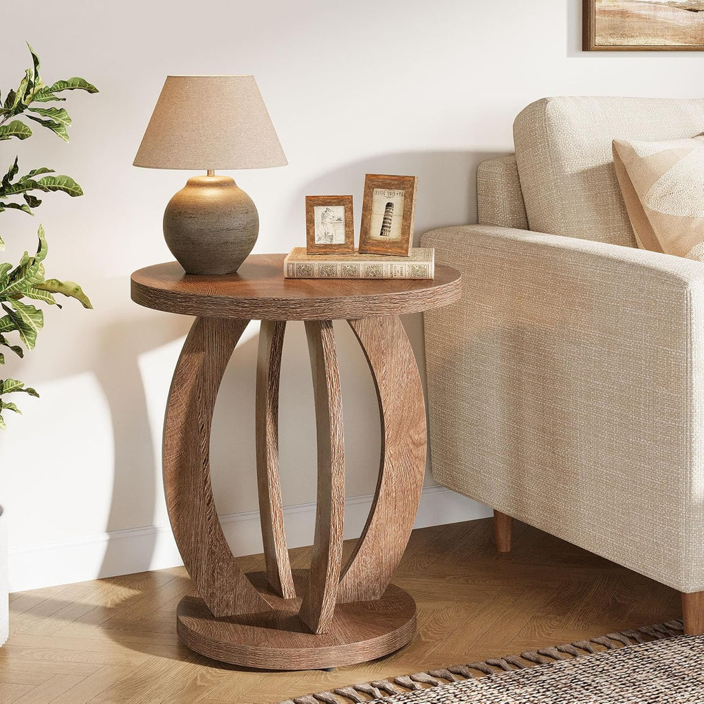 Tribesigns End Table, Round Side Table with Storage, Farmhouse Nightstand Bedside with Round Tabletop, Accent End Table for Living Room Bedroom Small Space, Wooden Accent Furniture, Rustic Brown