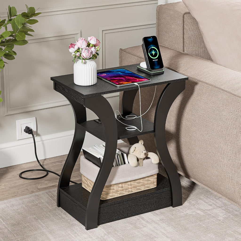 ZENY End Tables Set of 2 with Charging Station, Side Table with USB Ports and Outlets, 3 Tier Nightstand with Storage Shelf for Living Room, Bedroom, Black