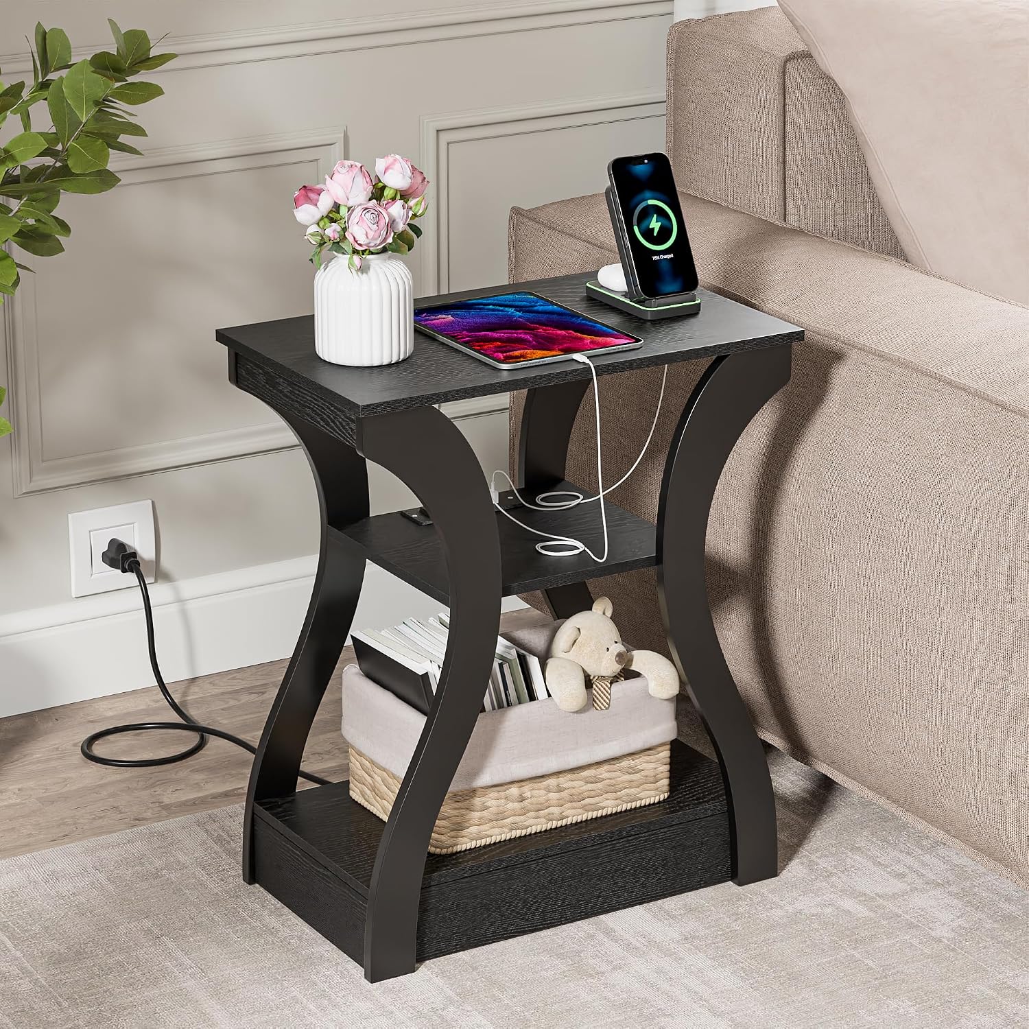 ZENY End Tables Set of 2 with Charging Station, Side Table with USB Ports and Outlets, 3 Tier Nightstand with Storage Shelf for Living Room, Bedroom, Black