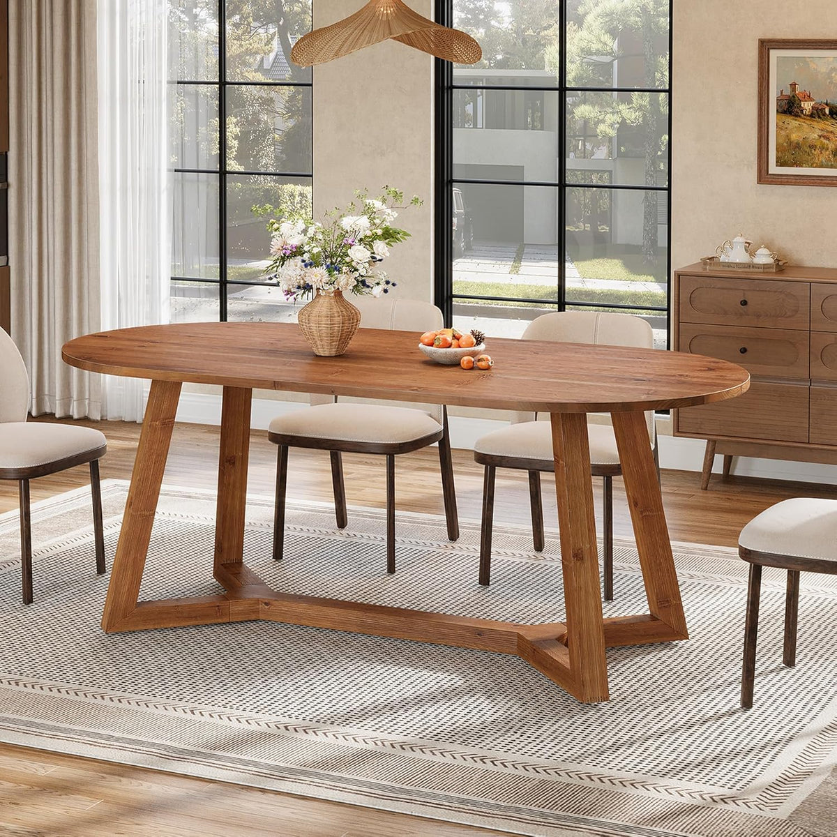 63" Solid Wood Oval Dining Table, Farmhouse Kitchen Table for 4-6 People, Rusitc Wood Dinner Table with Sturdy Base for Living Room, Dining Room, Apartment (Natural Brown)