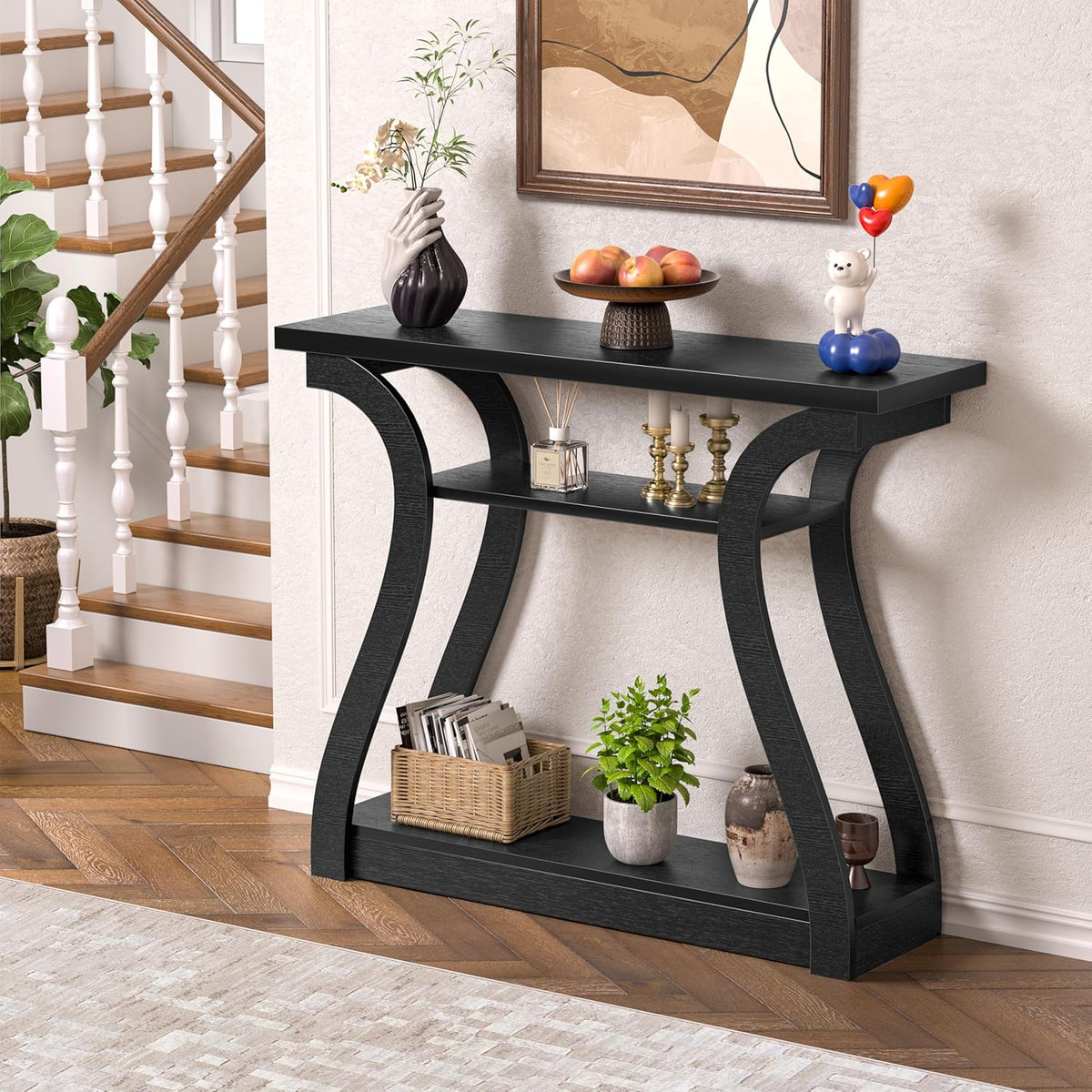 Wood Console Table, 3-Tier Accent Sofa Table (Black)