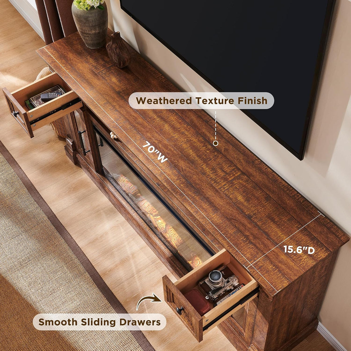 OKD 70" Farmhouse Fireplace TV Stand for TVs Up to 80", Reclaimed Barnwood | 42" Electric Fireplace, Color Changing Flame, 2 Open Cubbies, 2 Spacious Drawers, LED Glass Door Cabinets, Retro Handles
