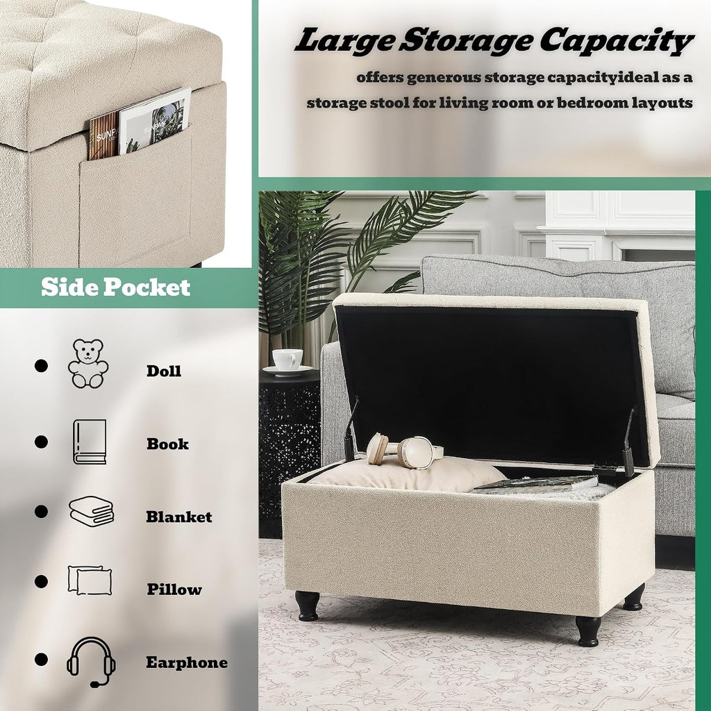32'' Beige Fabric Upholstered Ottoman Storage Bench | Upholstered Ottoman with Storage for Living Room , Bedroom, Entrance Foot Rest Stool Shoe Bench Ottomans Footstools Couch