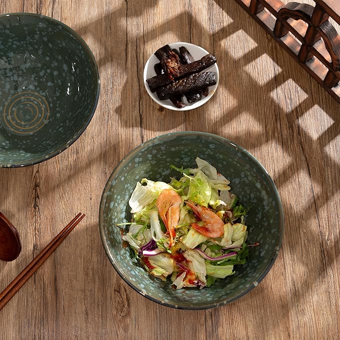 8 Inch Ceramic Ramen Bowl Set of 2, 40oz Japanese Bowls with Spoons & Chopsticks,Durable,Microwave & Dishwasher Safe,Perfect for Ramen,Pho,Salad,Soup,Noodles，Mixing bowls（Jade Green）