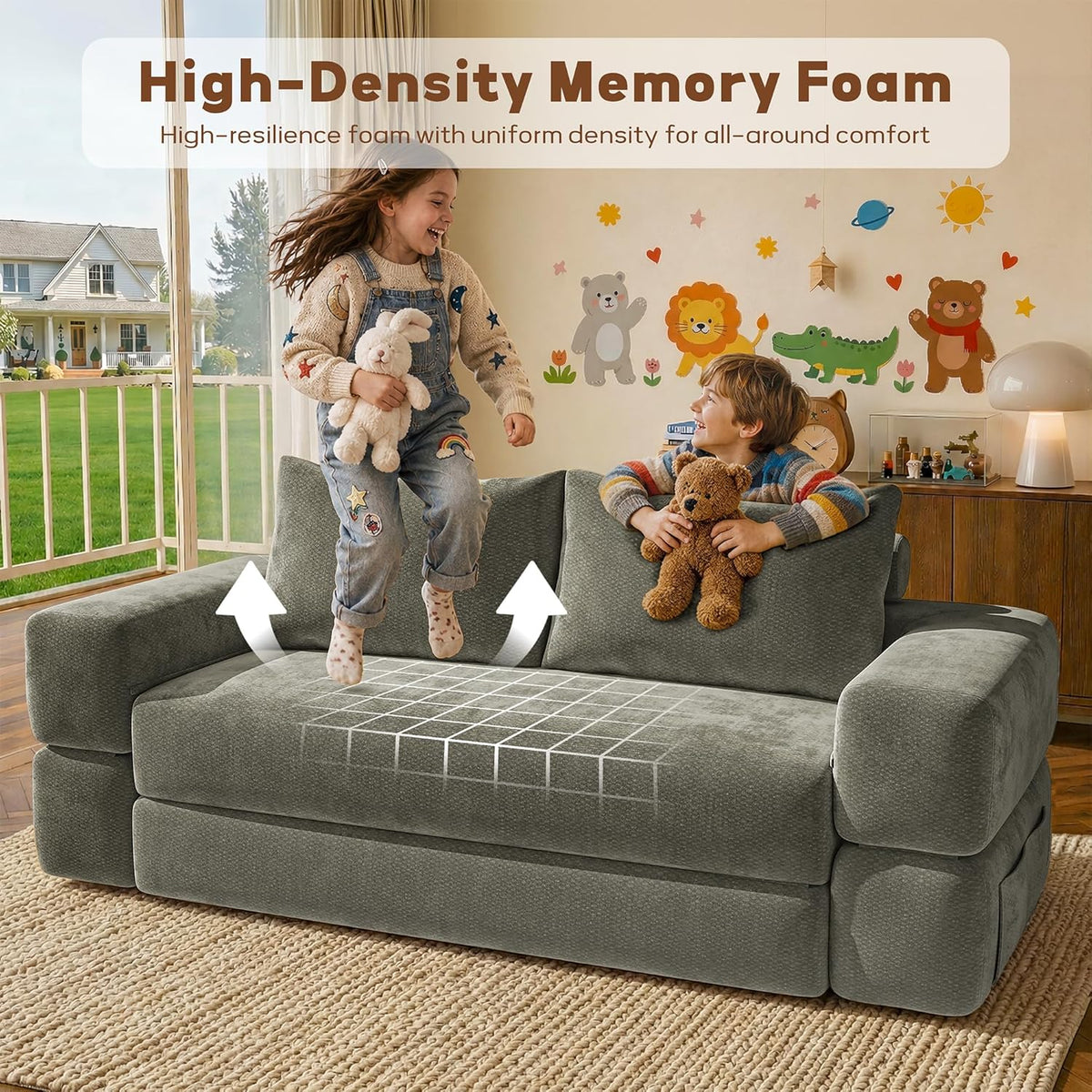 75'' Folding Convertible Sofa Bed with Large Pillow, 4-in-1 Foldable Pull Out Futon Sofa Bed, Chenille Mattress Couch, No Assembly Floor Sleeper Sofa Bed for Living Room/Bedroom, Light Brown