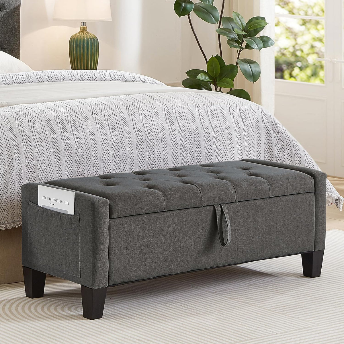 Aoowow Linen Bedroom Ottoman Bench with Storage,Tufted Bed End Storage Benches,45" Mid Century Modern Bench with Seating and Storage for Entryway,Living Room,Window,Bedside (Dark Grey, 45")