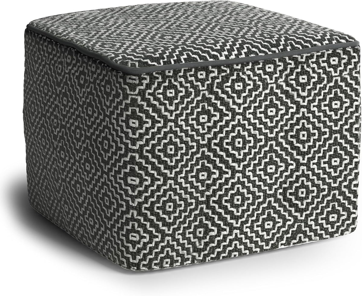 SIMPLIHOME Brody 18" Wide Square Pouf in Distressed Black Vegan Leather | Versatile boho indoor/outdoor footstool, extra seating for living room or bedroom or patio with assembled design, assembled.