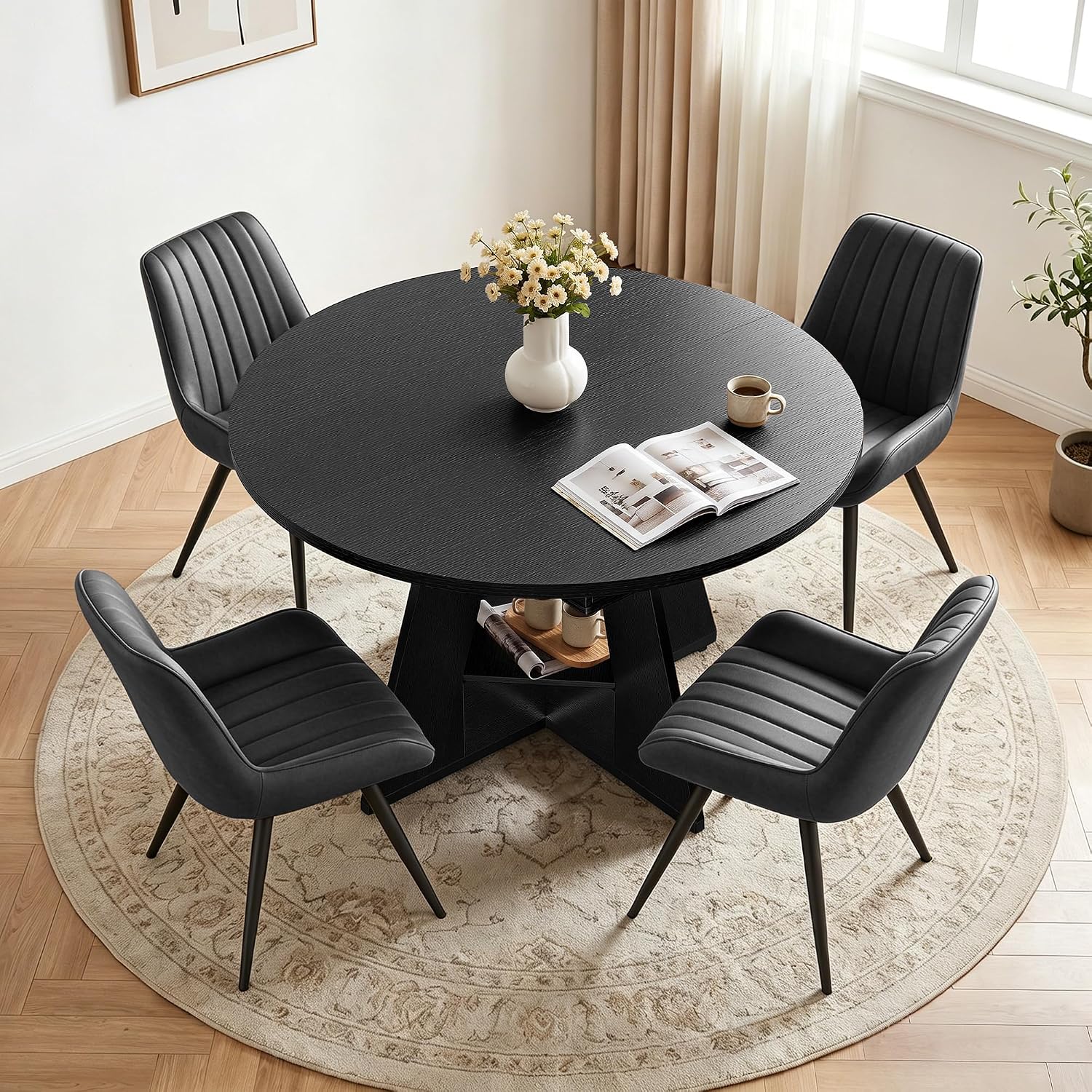 Miereirl Extendable Dining Table Set for 4-6, 47.24"-63" Round to Oval Dining Table Set with Upholstered Chairs, Hidden Storage Shelf, Kitchen & Dining Room Furniture for Apartment