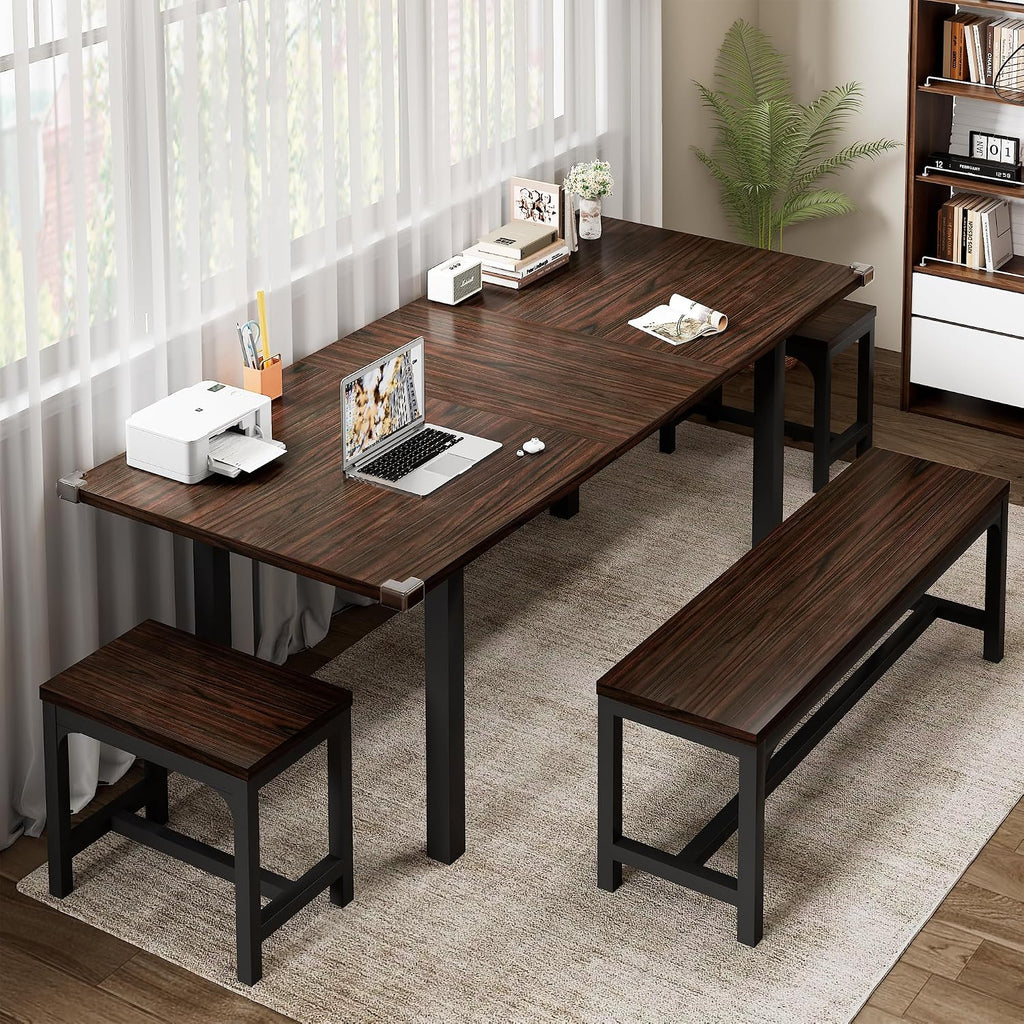 Feonase 5-Piece Dining Table Set for 4-8 People, 63" Extendable Kitchen Table Set with 2 Benches and 2 Square Stools, Dining Room Table with MDF Wood Board, Easy Clean, Dark Brown