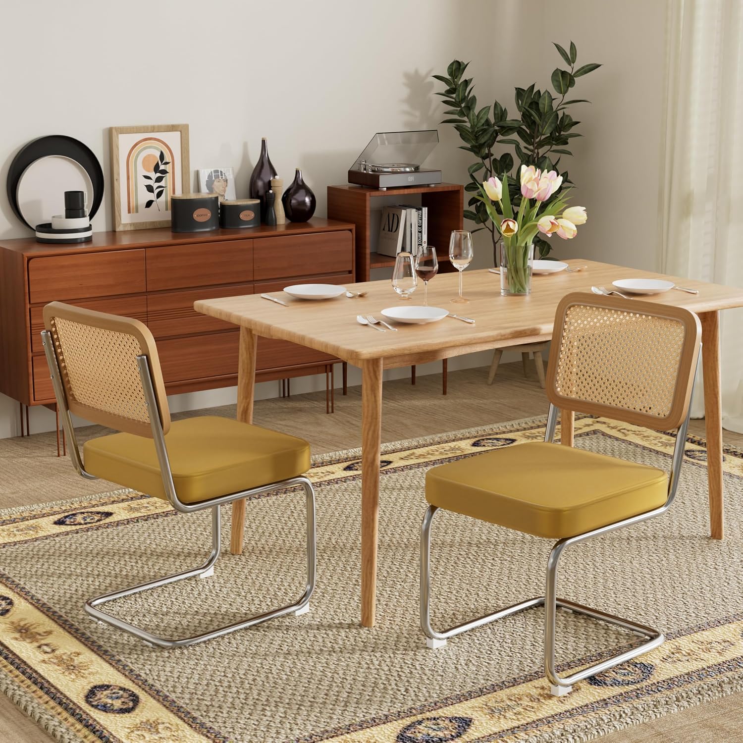 Rattan Dining Chairs Set of 2, Mid Century Kitchen Chairs with Natural Mesh Rattan Backrest & Metal Chrome Legs, Cesca Design Velvet Dining Room Chairs for Kitchen, Gold Yellow(Chair Only)