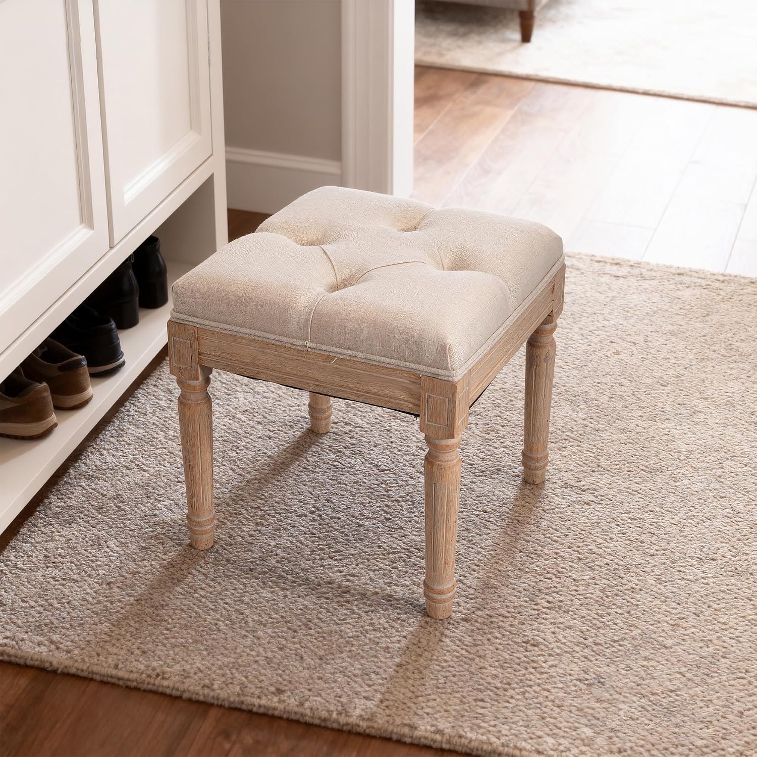 Square Vanity Stool Bench, 15.7" Small Ottoman Foot Stool with Padded Button Tufted Seat, Upholstered Ottoman Bench Chair for Makeup Room, Living Room, Bedroom, Piano, Foot Rest, Beige