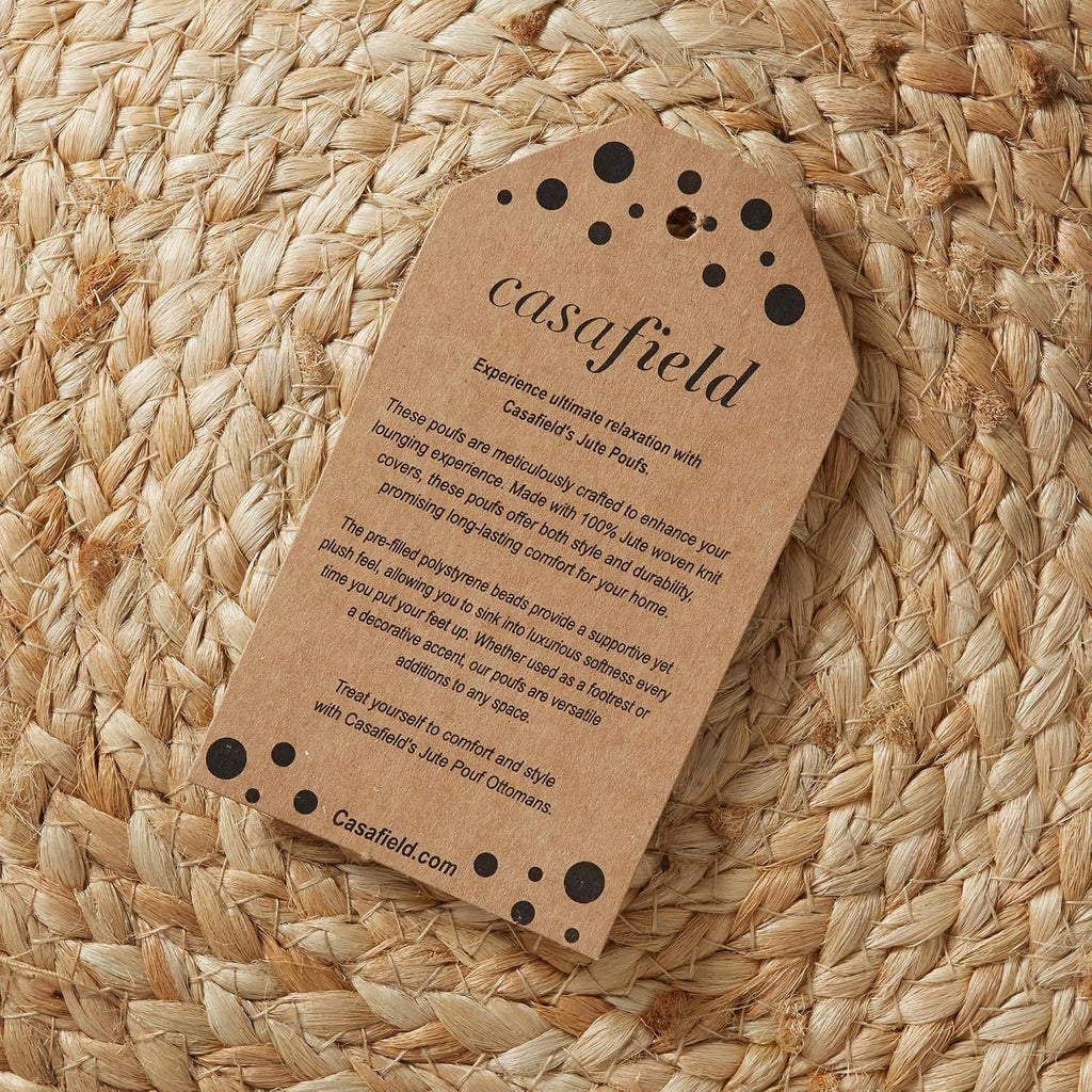 Casafield Hand-Braided Jute Pouf Ottoman Footrest, 19" W x 19" D x 10-1/2" H - Round, Natural Woven Boho Floor Cushion, Home Decor for Living Room