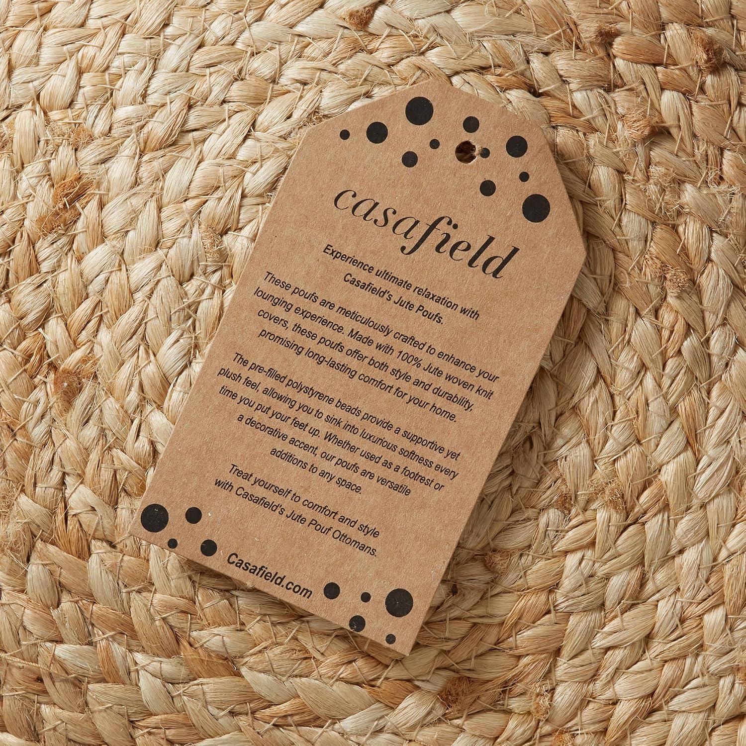 Casafield Hand-Braided Jute Pouf Ottoman Footrest, 19" W x 19" D x 10-1/2" H - Round, Natural Woven Boho Floor Cushion, Home Decor for Living Room