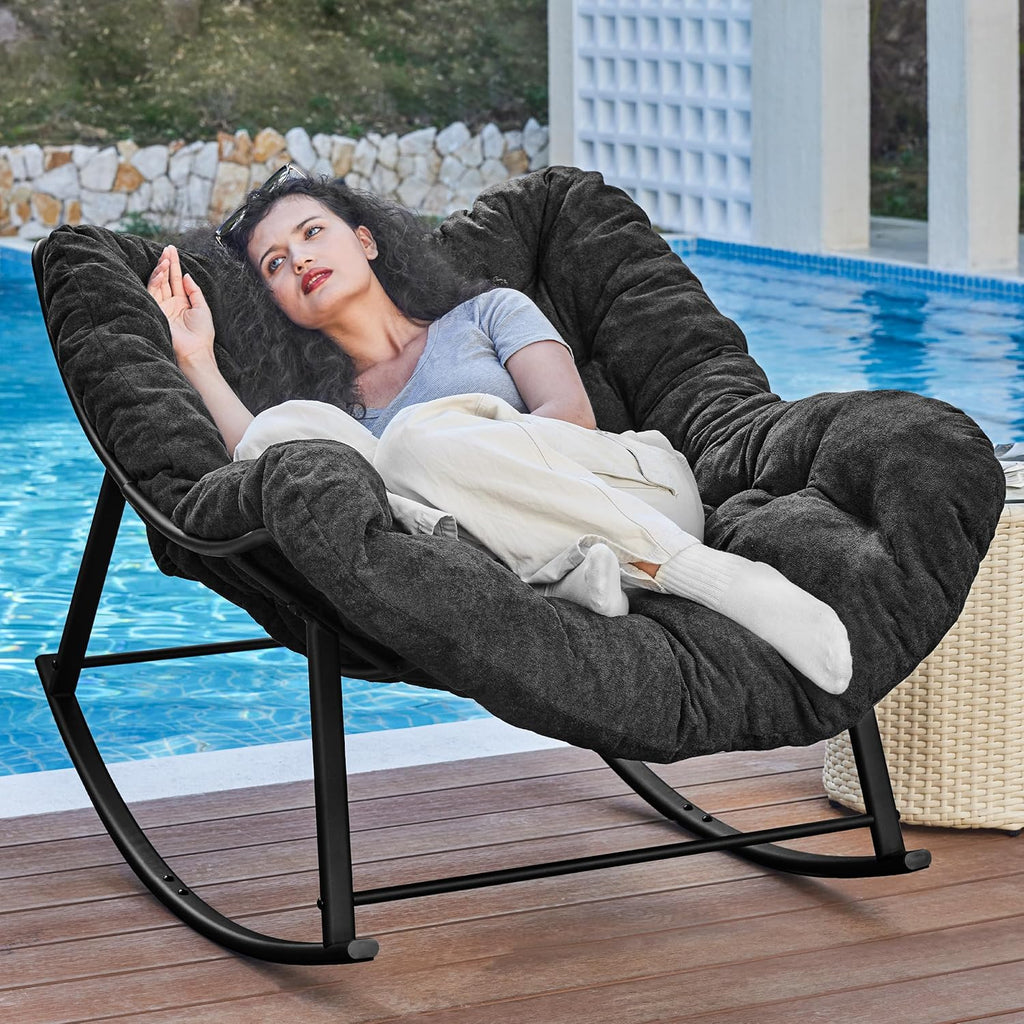 Oversized Rocking Chair Indoor, Papasan Rocking Chair Outdoor, Lounge Chair with Cushion, Patio Egg Rocker Chairs, Comfy Reading Chairs for Bedroom, Living Room, Garden, Lawn, Dark Grey