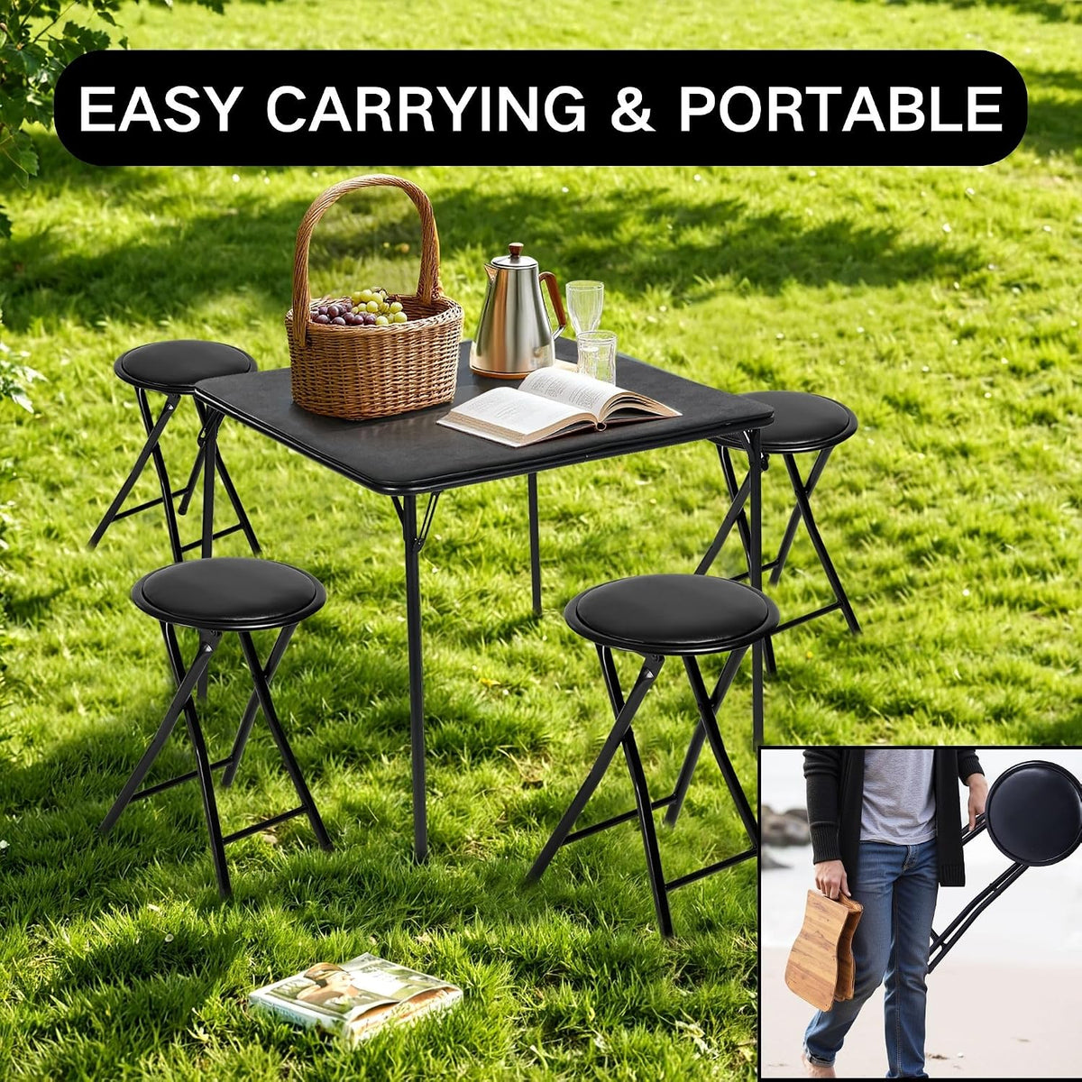 Homy Casa 18-Inch Backless Folding Stools with Soft Seat, Portable Waterproof Faux Leather Stools Foldable Chairs with Sturdy Frame for Indoor and Outdoor Use (Black, Set of 1)
