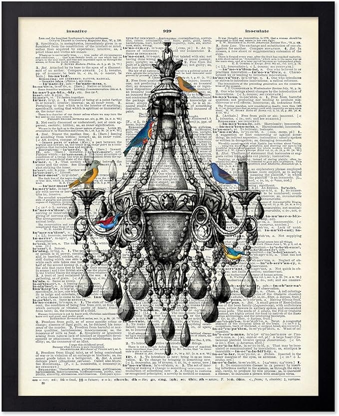 Poster Master Dictionary Art Poster - Antique Chandelier Print - Bird Art - Baroque Art - Gift for Men & Women - Chic Decor for Living Room, Dining Room, Bedroom or Kitchen, 16x20 Black Framed