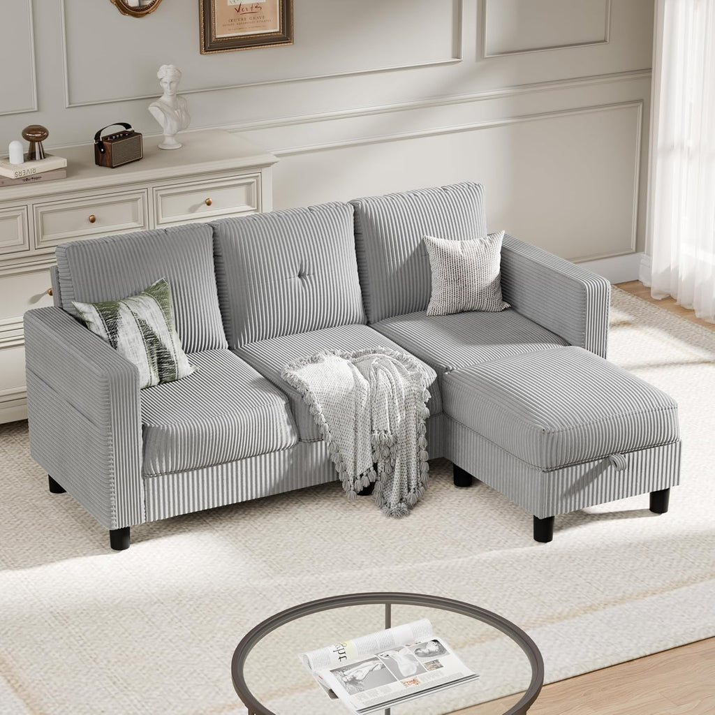 SUNLEI Convertible Sectional Sofa for Small Spaces, L Shaped Modular Sofa with Reversible Chaise & Ottoman Storage, 3 Seat Modern Small Couches for Living Room in Apartment, Linen Fabric, Greige