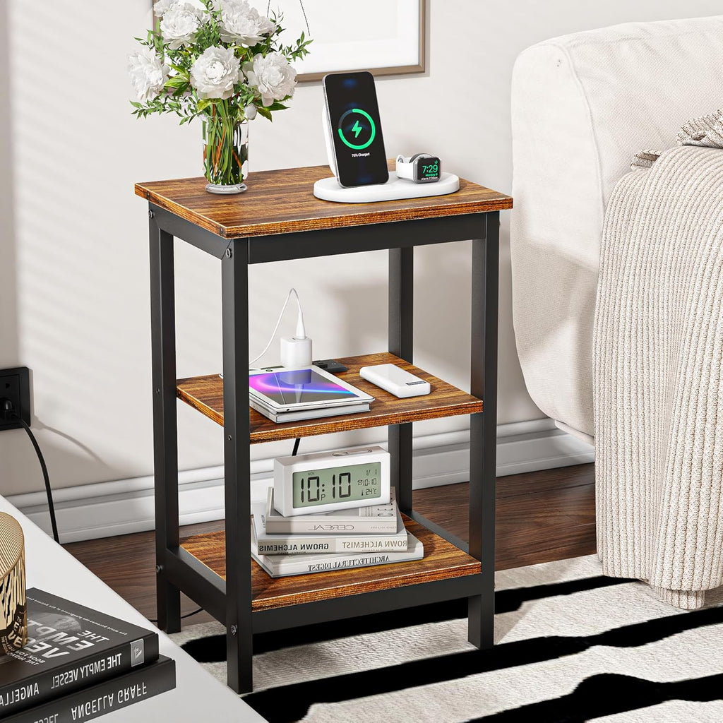 VECELO End Table with Charging Station and USB Ports, Small Wood Nightstand Modern, 24" Tall Living Room Side Table with 3-Tier Storage Shelves for Small Spaces, Office, Bedroom, Retro Brown, Set of 2