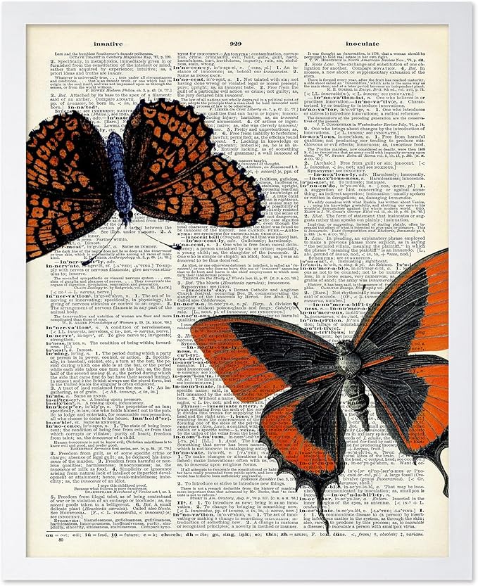 Poster Master Dictionary Art Poster - Butterflies Print - Moth Art - Butterfly Art - Insect Art - Gift for Men, Women & Animal Lover - Chic Decor for Living Room or Bedroom, 11x14 White Framed