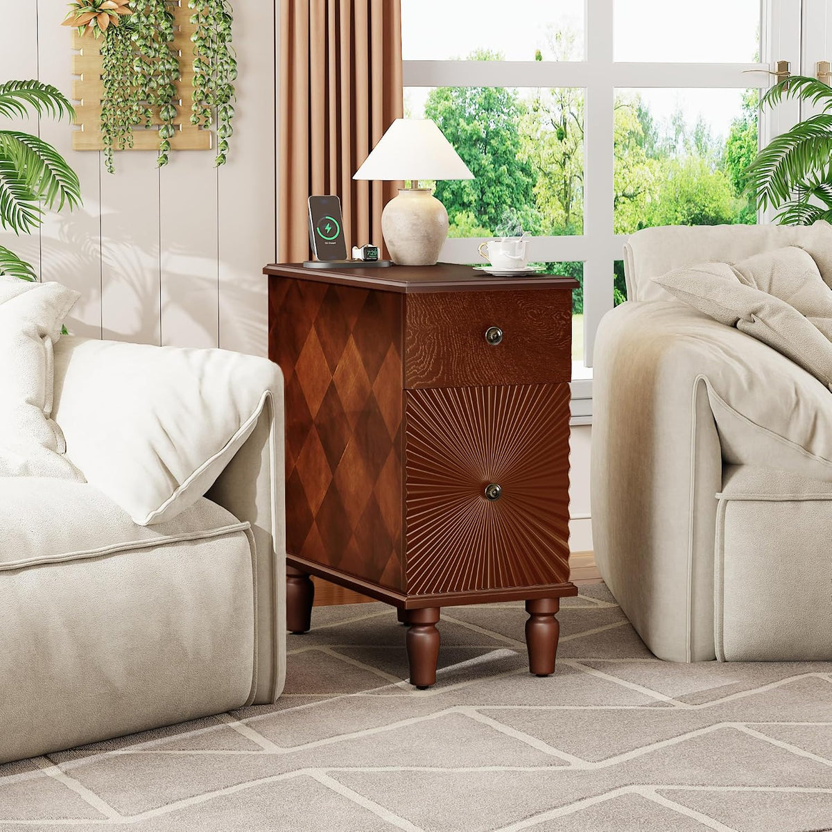 Narrow End Table with Charging Station, Slim Side Table with Drawers for Small Spaces, Long Nightstand with Storage, Traditional Small Bedside Cabinet for Living Room/Bedroom/Corner, Walnut