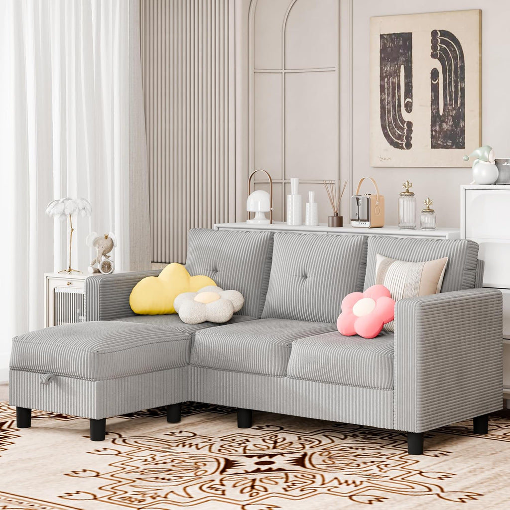 SUNLEI Convertible Sectional Sofa for Small Spaces, L Shaped Modular Sofa with Reversible Chaise & Ottoman Storage, 3 Seat Modern Small Couches for Living Room in Apartment, Linen Fabric, Greige