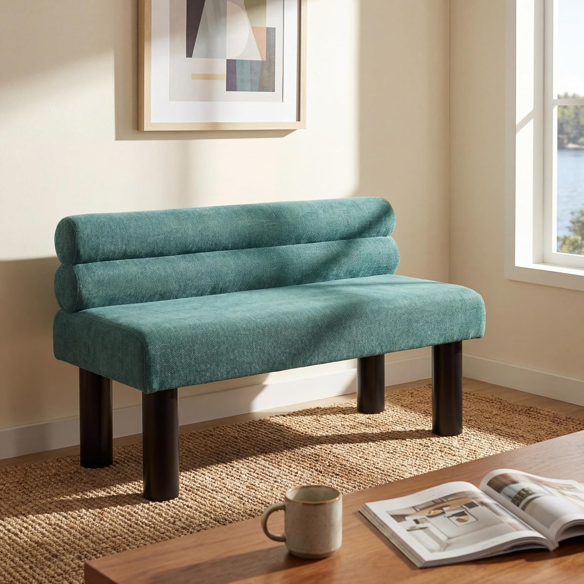 Christopher Knight Home Wally Fabric Upholstered Dining Bench, Long Dining Room Chair, Wooden Entryway Bench, Bedroom End of Bed Bench, Teal Green+Black
