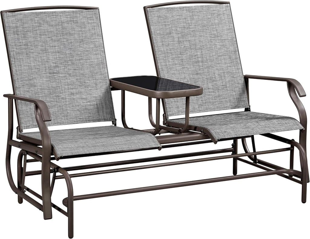 Yaheetech Outdoor Glider Bench Patio Loveseat with Table, Gray | Steel frame, Texteline fabric and tempered glass table provide comfort, easy assembly, and roomy two-person outdoor seating.
